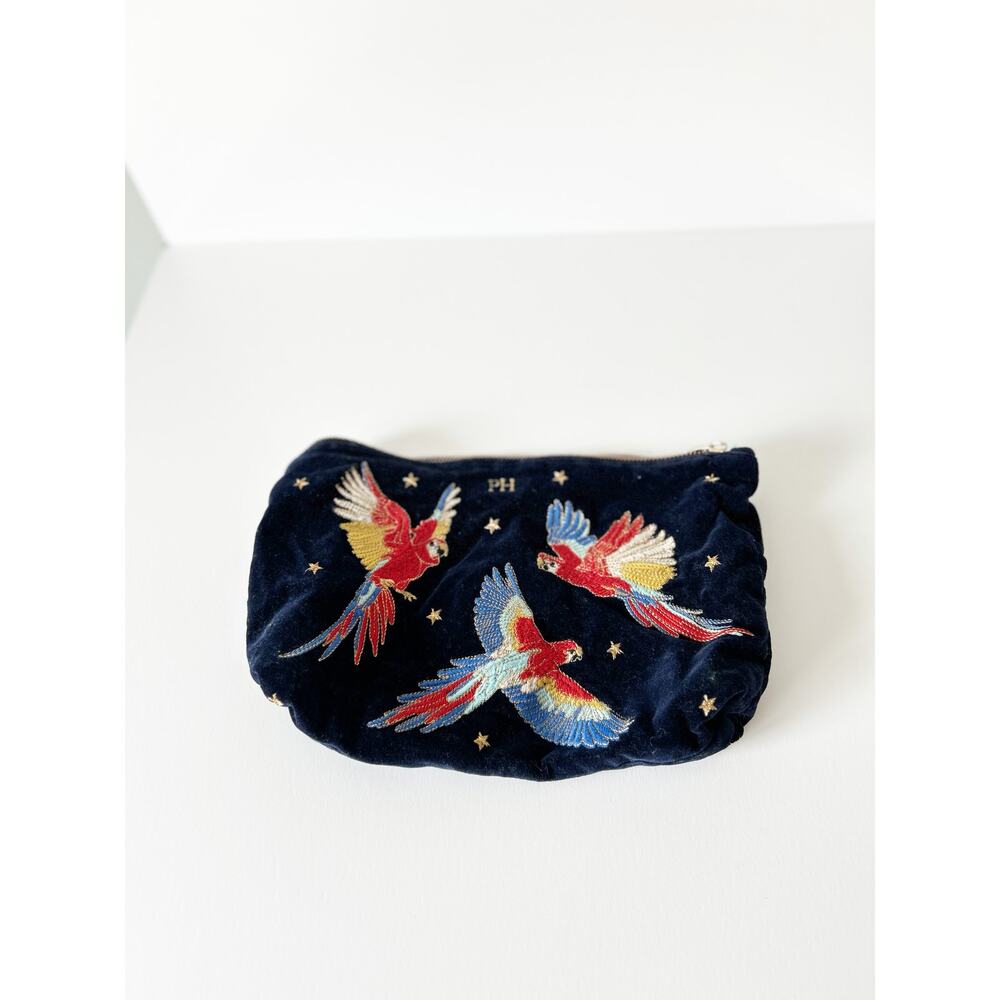 Elizabeth Scarlett Blue Velvet Everyday Embroidered Parrott Monogrammed Pouch